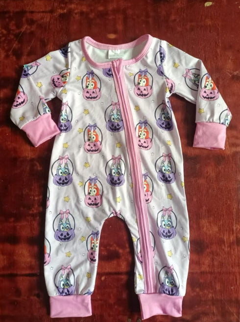 Custom moq 3 eta 6-7weeks Pink long zip-up romper with lantern, pumpkin and puppy