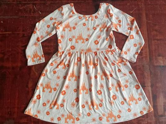 Custom moq 3 eta 6-7weeks Orange Castle Flower Pattern Long Sleeve Dress
