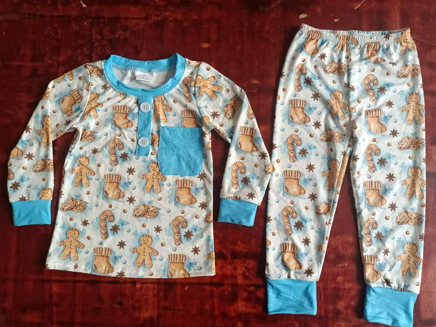 Custom moq 3 eta 6-7weeks  Biscuit Bear-Cane-Socks Pattern Sky Blue Button Pullover Long Sleeve Suit