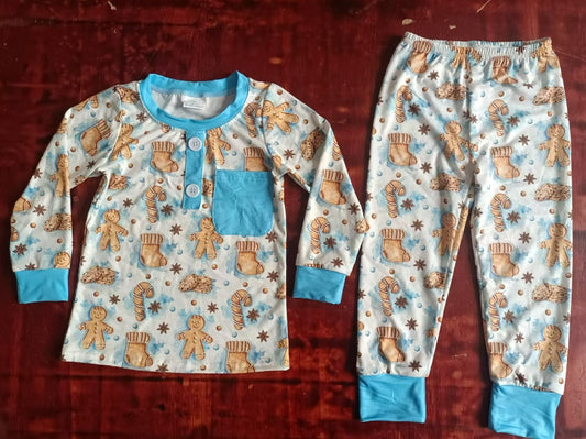Custom moq 3 eta 6-7weeks  Biscuit Bear-Cane-Socks Pattern Sky Blue Button Pullover Long Sleeve Suit