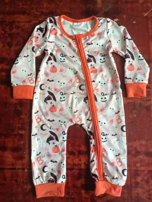 Custom moq 3 eta 6-7weeks Witch Hat Pumpkin Bat Pattern Orange Long Zipper Romper