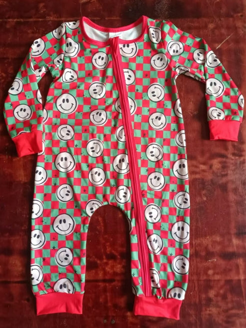Custom moq 3 eta 6-7weeks Flesh-colored smiley face pattern red and green plaid long zip-up romper
