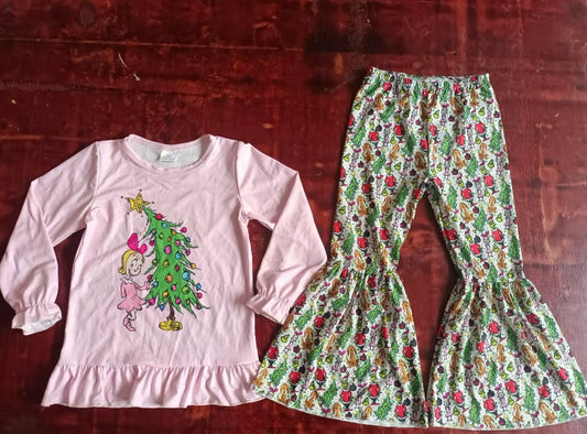 Custom moq 3 eta 6-7weeks Lighted Christmas Tree Girls Pink Long Sleeve Top & Green Flared Pants Set