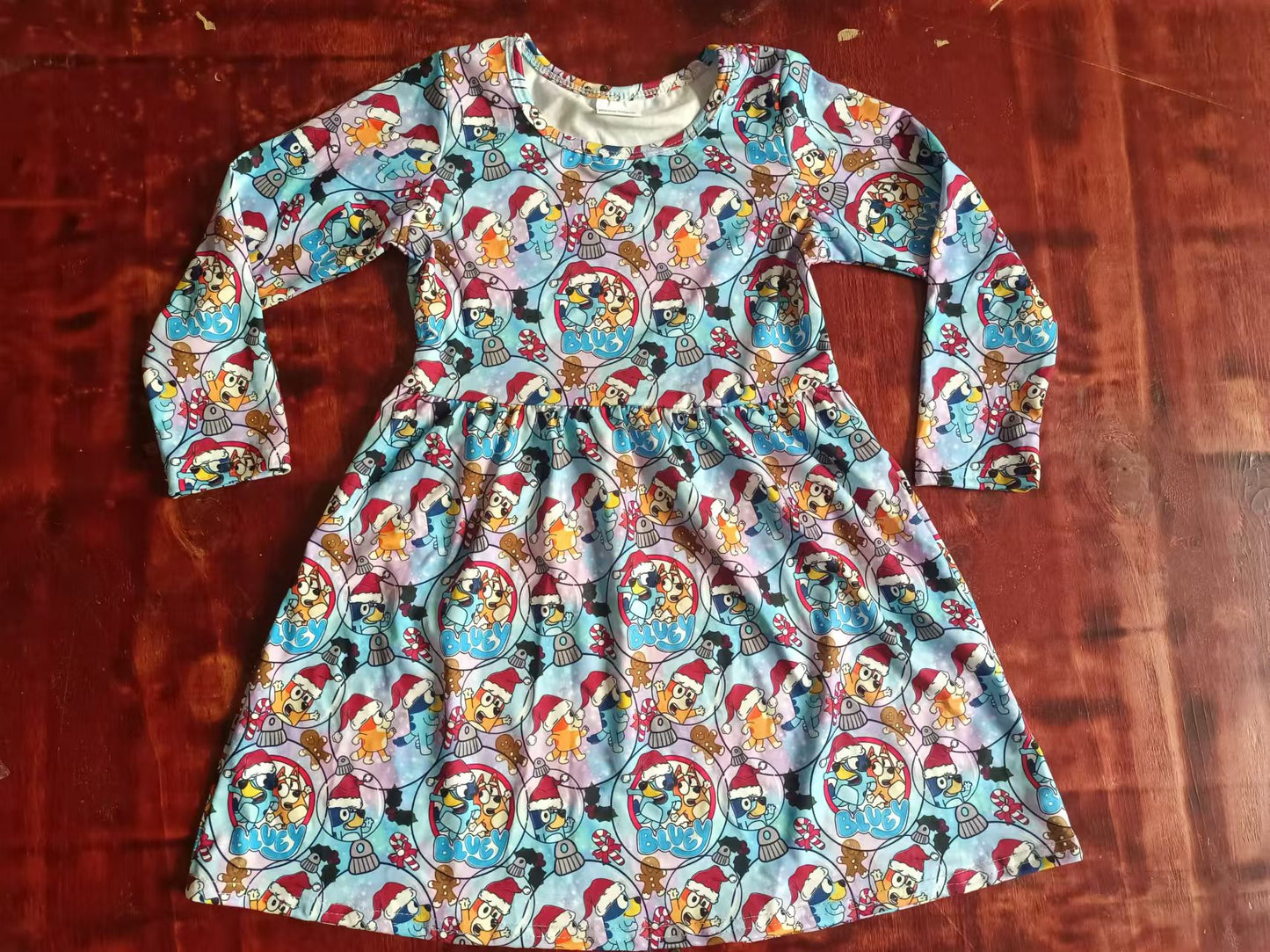 Custom moq 3 eta 6-7weeks Lake blue long-sleeved dress with circle and puppy pattern