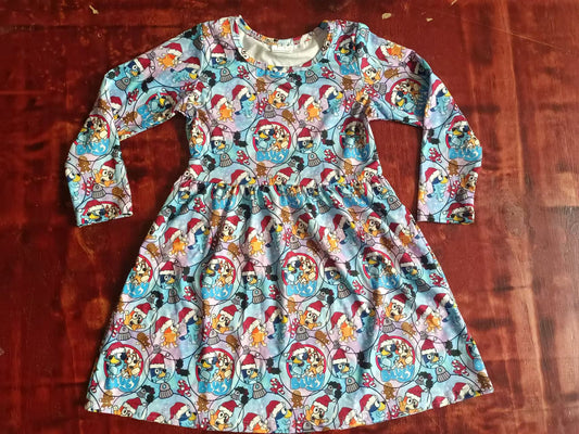 Custom moq 3 eta 6-7weeks Lake blue long-sleeved dress with circle and puppy pattern