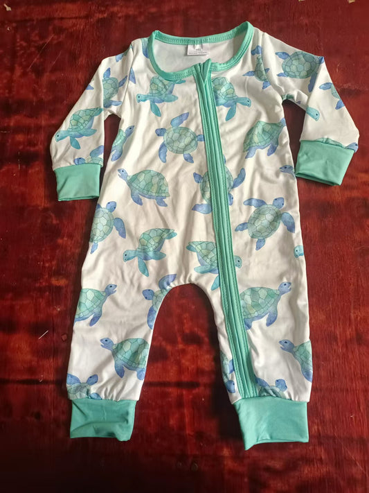 Custom moq 3 eta 6-7weeks Turtle pattern lake green long zip-up jumpsuit