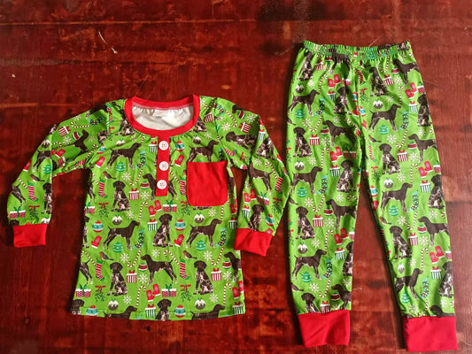 Custom moq 3 eta 6-7weeks Black Puppy - Red Christmas Gift Box Pattern Green Button Pullover Long Sleeve Suit