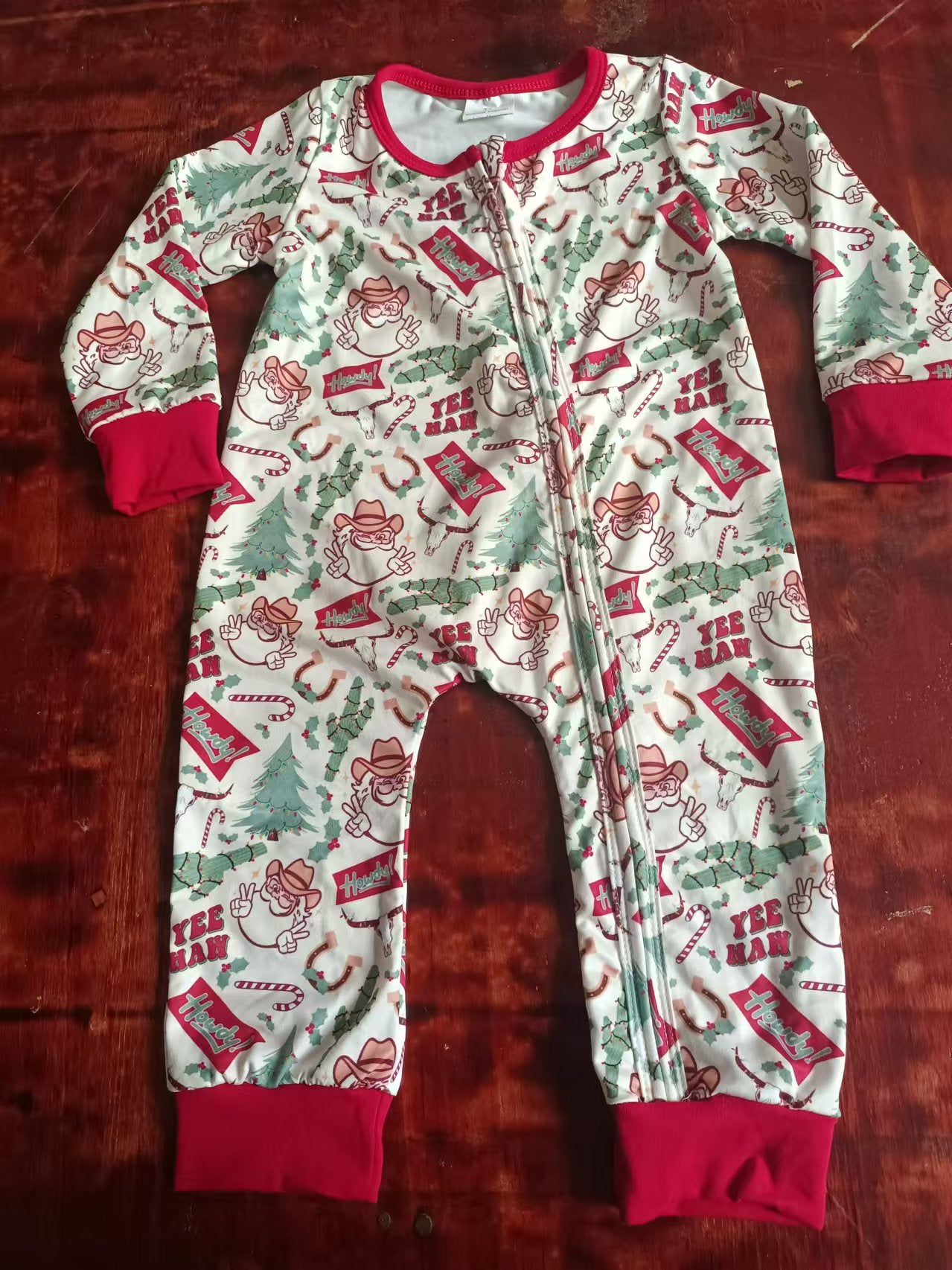 Custom moq 3 eta 6-7weeks Victory Sign Santa Claus - Cactus Pattern Red Long Zipper Jumpsuit