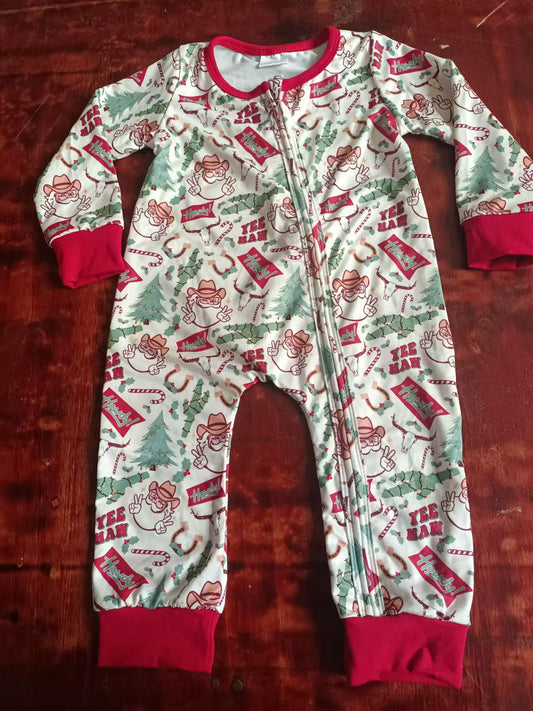 Custom moq 3 eta 6-7weeks Victory Sign Santa Claus - Cactus Pattern Red Long Zipper Jumpsuit