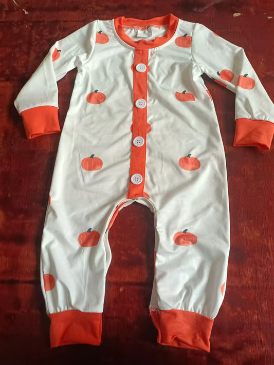 Custom moq 3 eta 6-7weeks  Orange Pumpkin Pattern White Button Long Romper