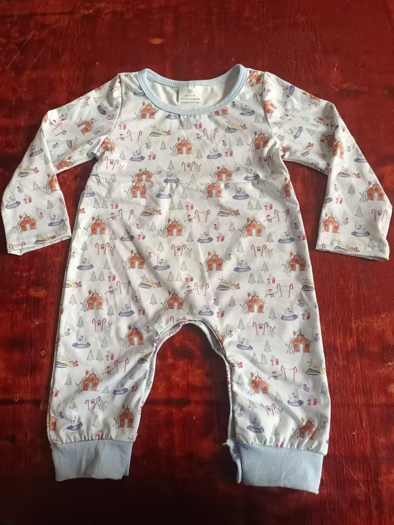 Custom moq 3 eta 6-7weeks Excavator - House Pattern Light Blue Long Romper