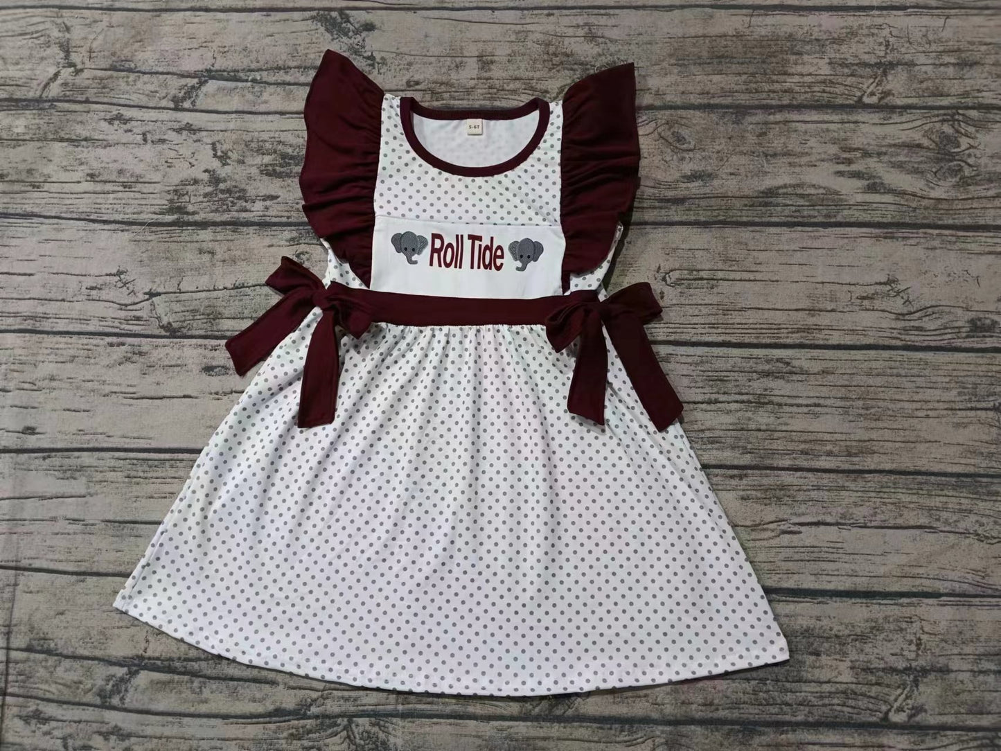 Custom moq 3 eta 6-7weeks Grey Polka Dot & Burgundy Bow Fly Sleeve Dress
