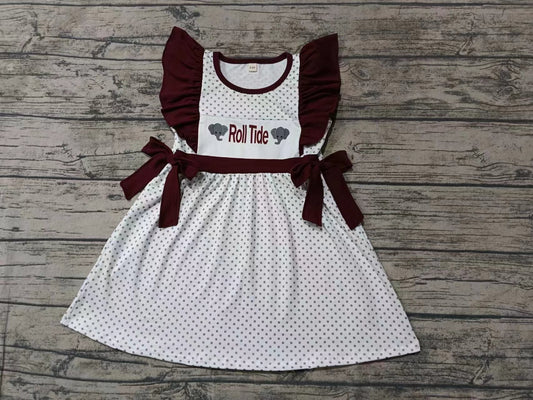 Custom moq 3 eta 6-7weeks Grey Polka Dot & Burgundy Bow Fly Sleeve Dress