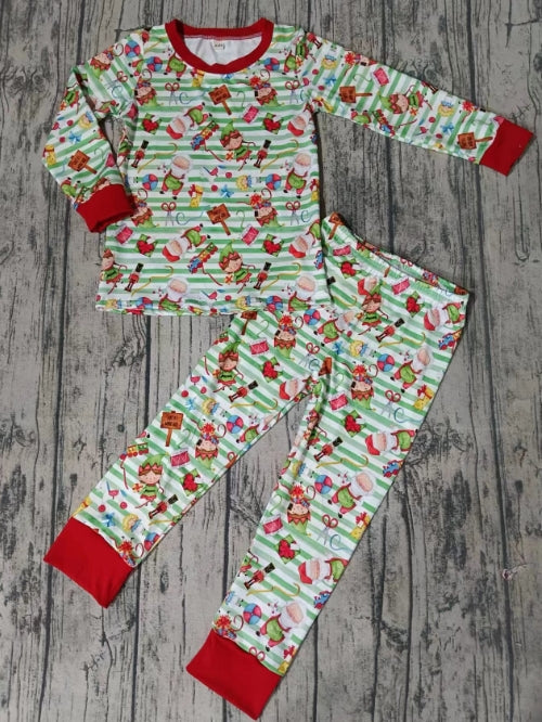 Custom moq 3 eta 6-7weeks Red round head little girl pattern green striped long-sleeved suit