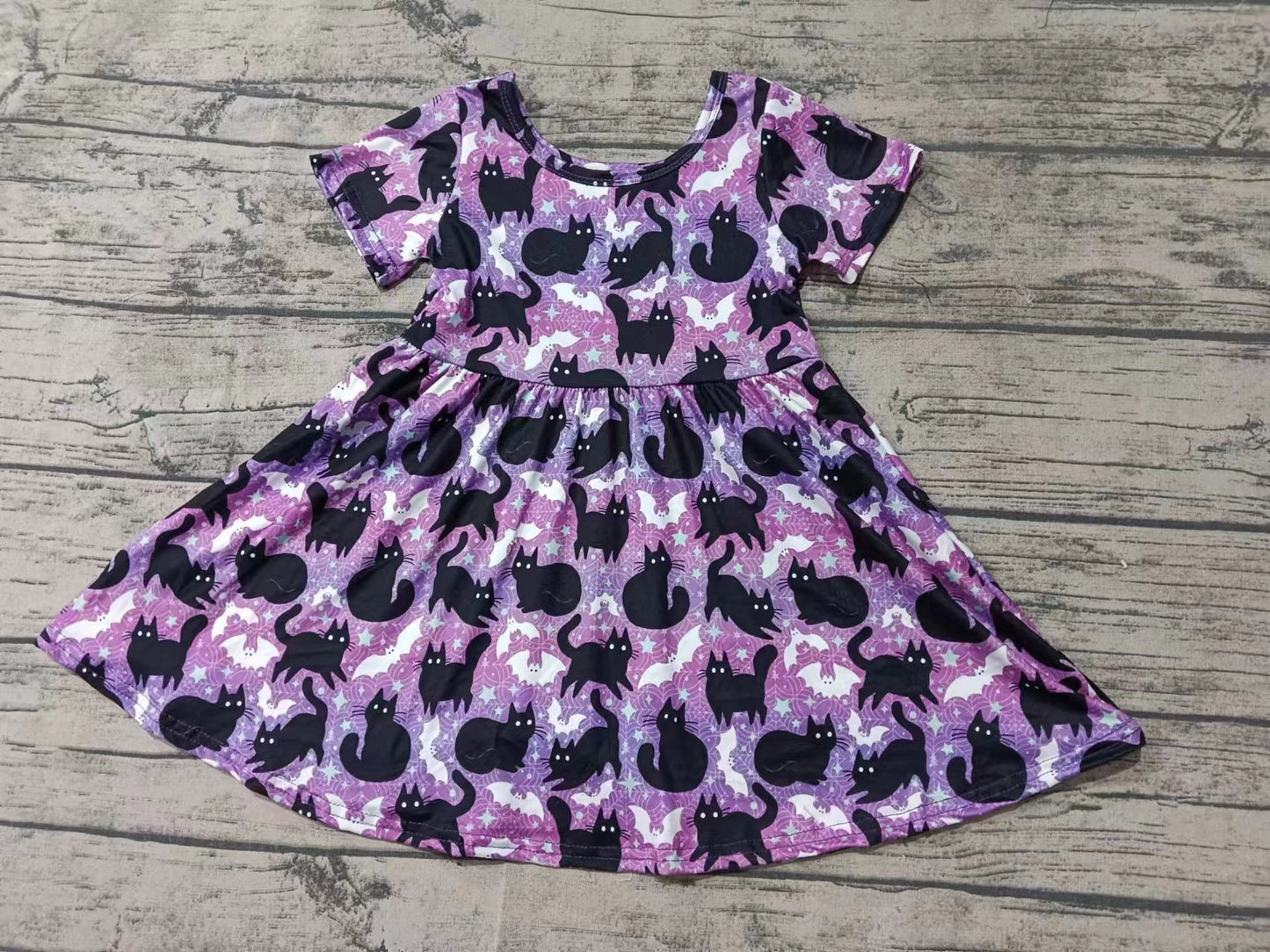 Custom moq 3 eta 6-7weeks Black cat pattern purple short sleeve dress