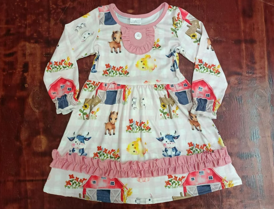 Custom moq 3 eta 6-7weeks Flowers-Pony-House Pattern Lotus Pink Plaid Long Sleeve Dress
