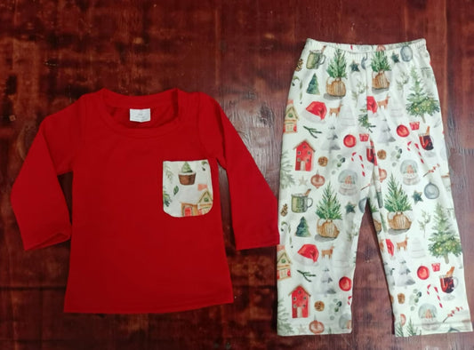 Custom moq 3 eta 6-7weeks Red Long Sleeve Top & Green Christmas Tree Teacup Pants Set