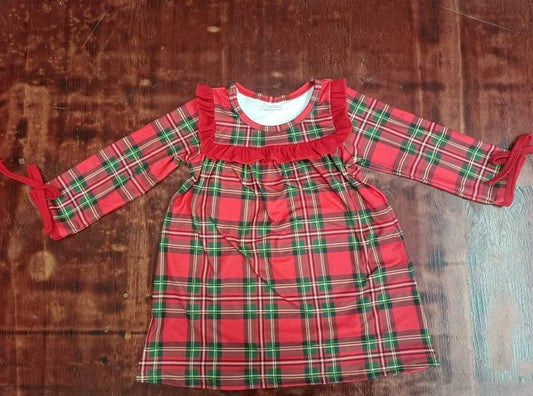 Custom moq 3 eta 6-7weeks Red and green plaid pleated square neck long sleeve dress