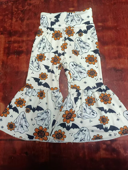 Custom moq 3 eta 6-7weeks Beige high-waisted flared trousers with bat-ghost-flower pattern
