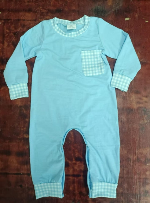 Custom moq 3 eta 6-7weeks Sky blue long romper with plaid pockets