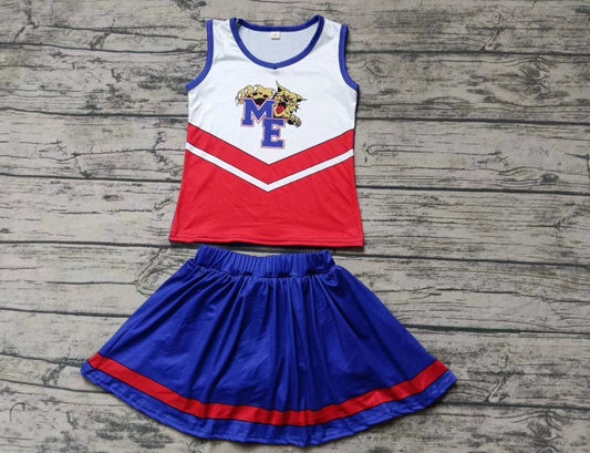 Custom moq 3 eta 6-7weeks Cheerleading Night Cat Pattern Red and White Sleeveless Top - Blue Skirt Set