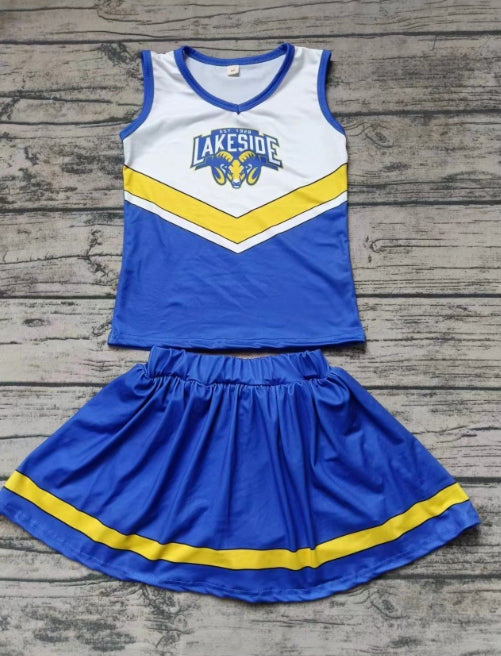 Custom moq 3 eta 6-7weeks Cheerleading Bullfighting Pattern Blue and White Sleeveless Top - Blue Pants and Skirt Set