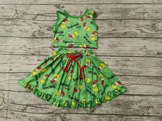 Custom moq 3 eta 6-7weeks Christmas Green Monster Pattern Green Sleeveless Cropped Top and Skirt Set