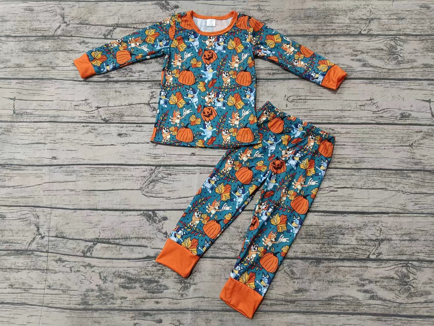 Custom moq 3 eta 6-7weeks Orange Pumpkin-Leaf Pattern Teal Long Sleeve Suit