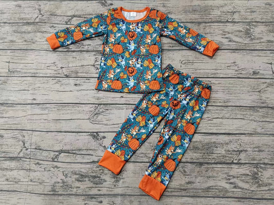Custom moq 3 eta 6-7weeks Orange Pumpkin-Leaf Pattern Teal Long Sleeve Suit