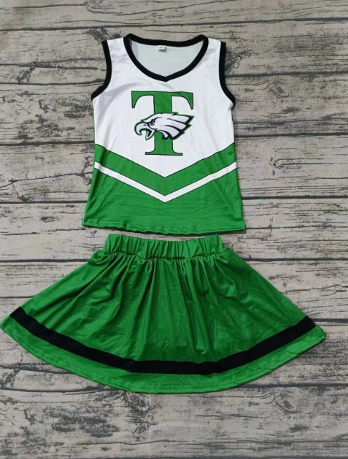 Custom moq 3 eta 6-7weeks Green letter T eagle head pattern sleeveless top and skirt set