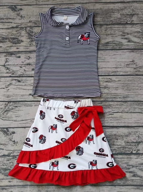 Custom moq 3 eta 6-7weeks Black Striped Button Pullover Sleeveless Top & Red Bow A-Line Skirt Set