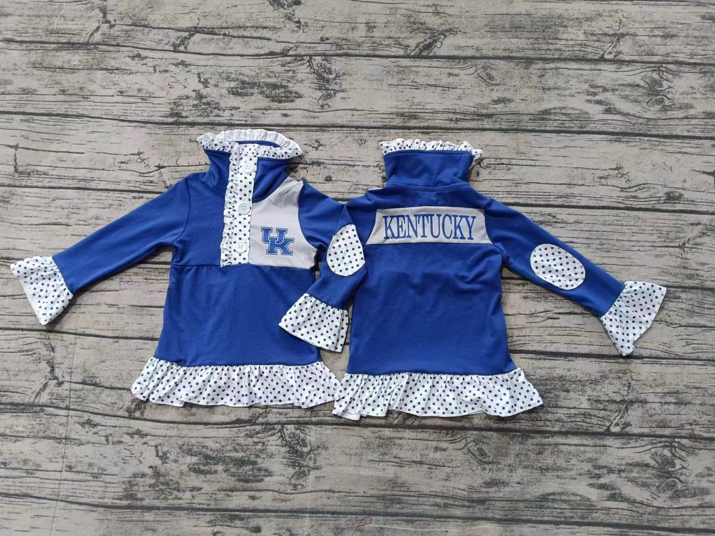 Custom moq 3 eta 6-7weeks Blue long-sleeved top with "UK" monogram pattern and black and white polka dot buttons