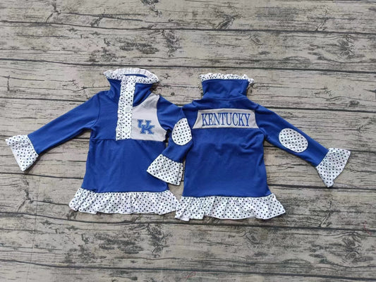 Custom moq 3 eta 6-7weeks Blue long-sleeved top with "UK" monogram pattern and black and white polka dot buttons