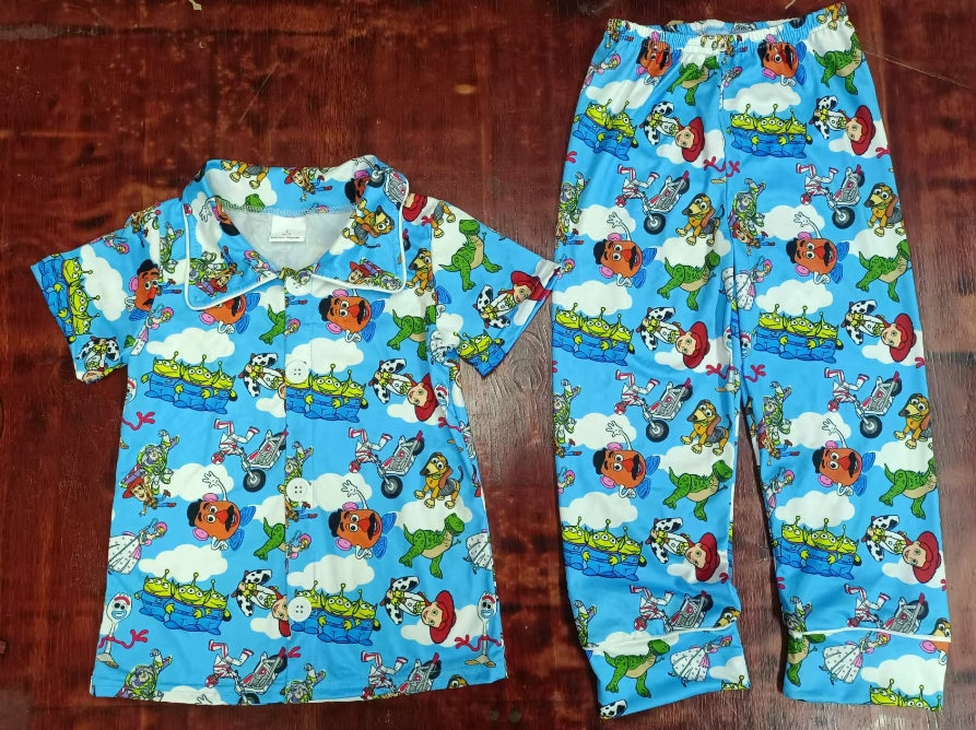 Custom moq 3 eta 6-7weeks Blue Bearded Man - Dinosaur Pattern Button Cardigan Short Sleeve Long Pants Pajama Set