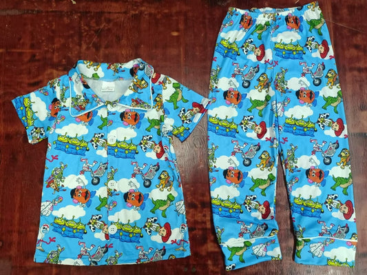 Custom moq 3 eta 6-7weeks Blue Bearded Man - Dinosaur Pattern Button Cardigan Short Sleeve Long Pants Pajama Set
