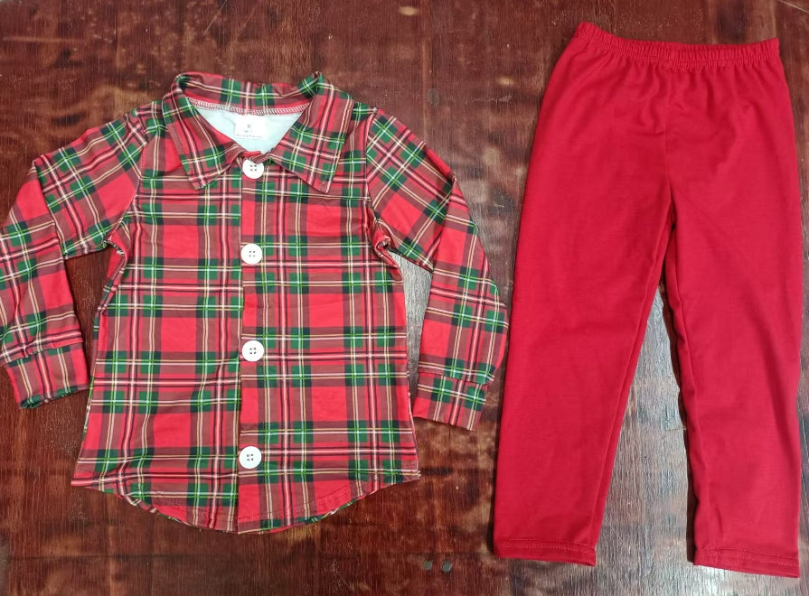 Custom moq 3 eta 6-7weeks Red and Green Plaid Button Cardigan Long Sleeve Set