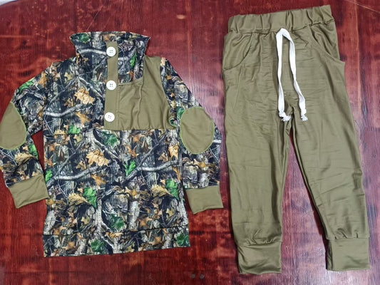 Custom moq 3 eta 6-7weeks Branches-Dead Leaves Button Pullover-Army Green Pants Set