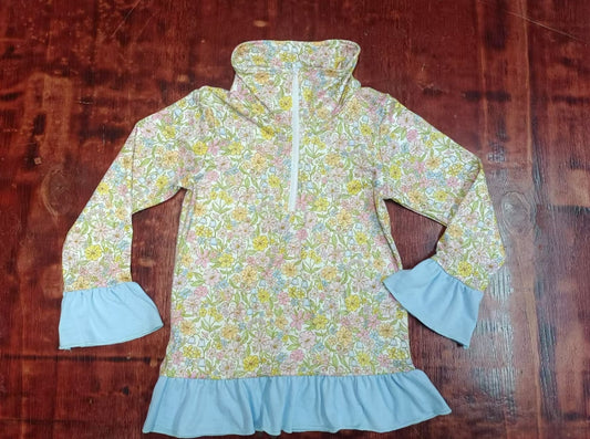 Custom moq 3 eta 6-7weeks Sky blue pleated trumpet sleeves floral zipper long sleeve pullover top