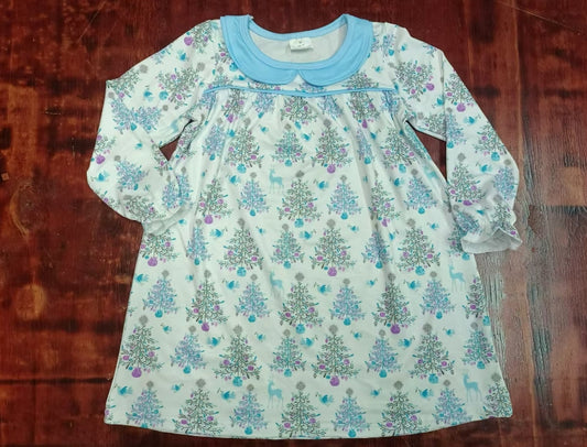 Custom moq 3 eta 6-7weeks Blue Christmas Tree Doll Collar Long Sleeve Dress