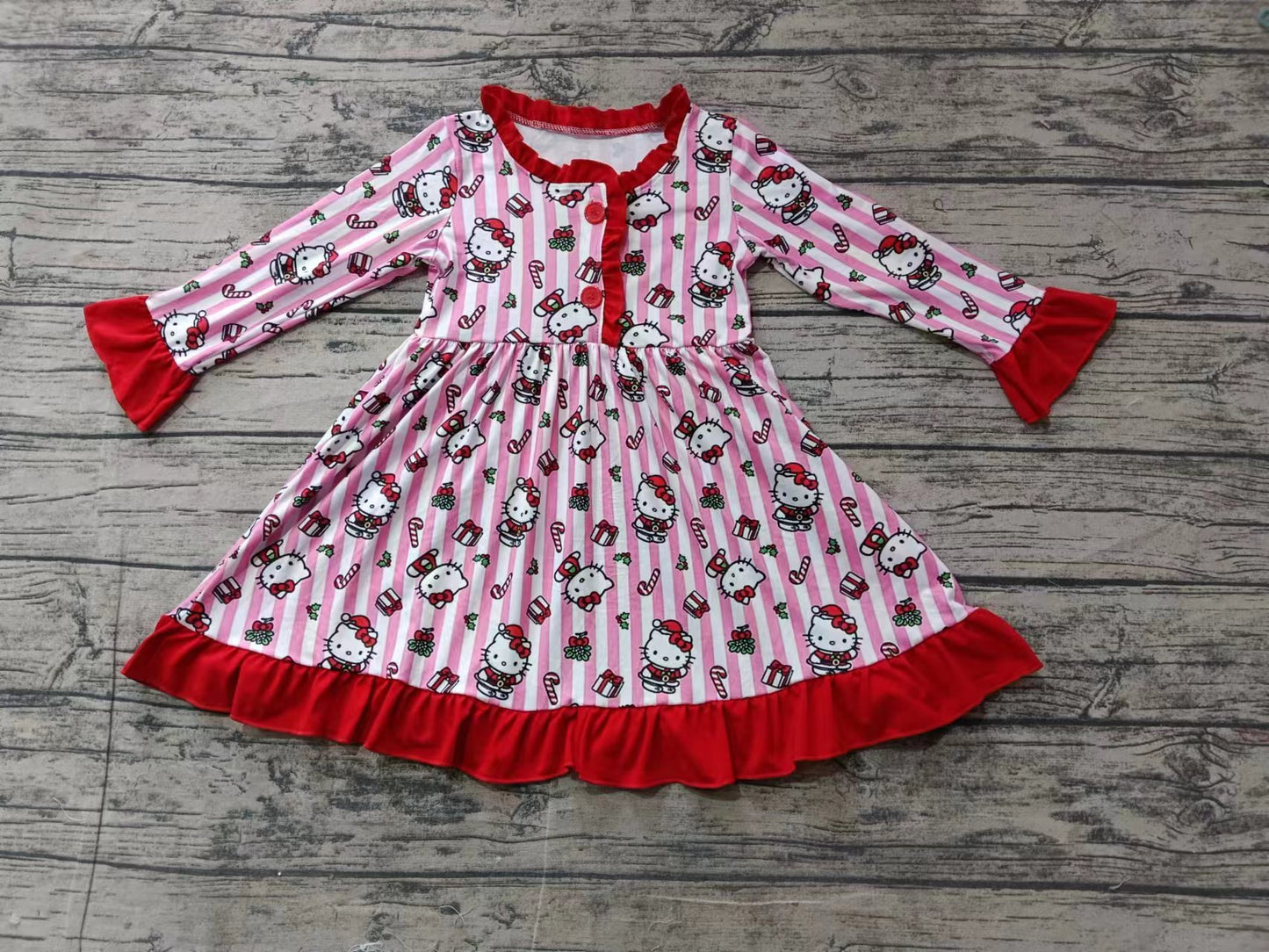 Custom moq 3 eta 6-7weeks Pink vertical striped button long-sleeved dress with bow-shaped kitten and cane pattern