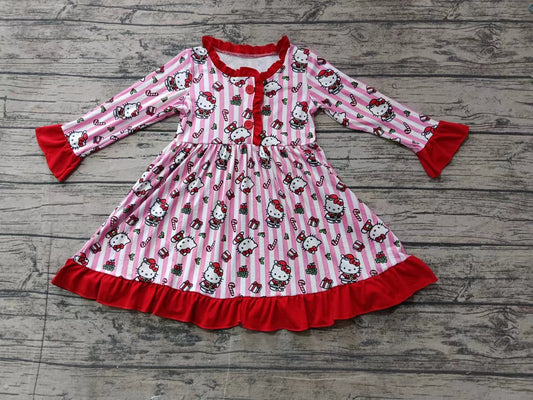 Custom moq 3 eta 6-7weeks Pink vertical striped button long-sleeved dress with bow-shaped kitten and cane pattern