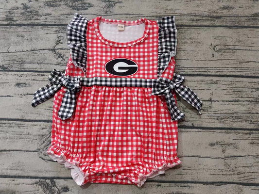 Custom moq 3 eta 6-7weeks Black and white plaid bow-decorated red plaid flying sleeve short romper