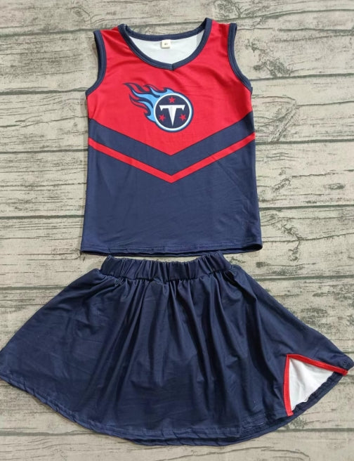 Custom moq 3 eta 6-7weeks Flame Ball Letter T Pattern Red and Blue Sleeveless Top and Pants Skirt Set
