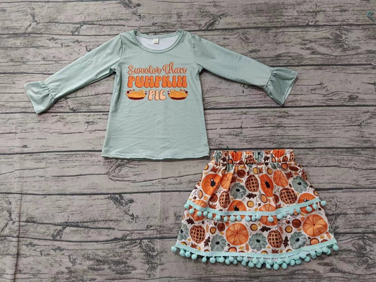 Custom moq 3 eta 6-7weeks Cake Letter Pattern Gray Green Long Sleeve Top & Pompom Skirt Set
