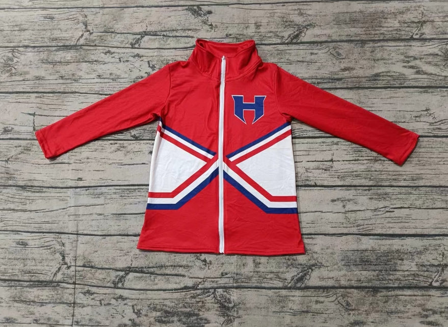 Custom moq 3 eta 6-7weeks Blue letter H pattern red zipper long sleeve top