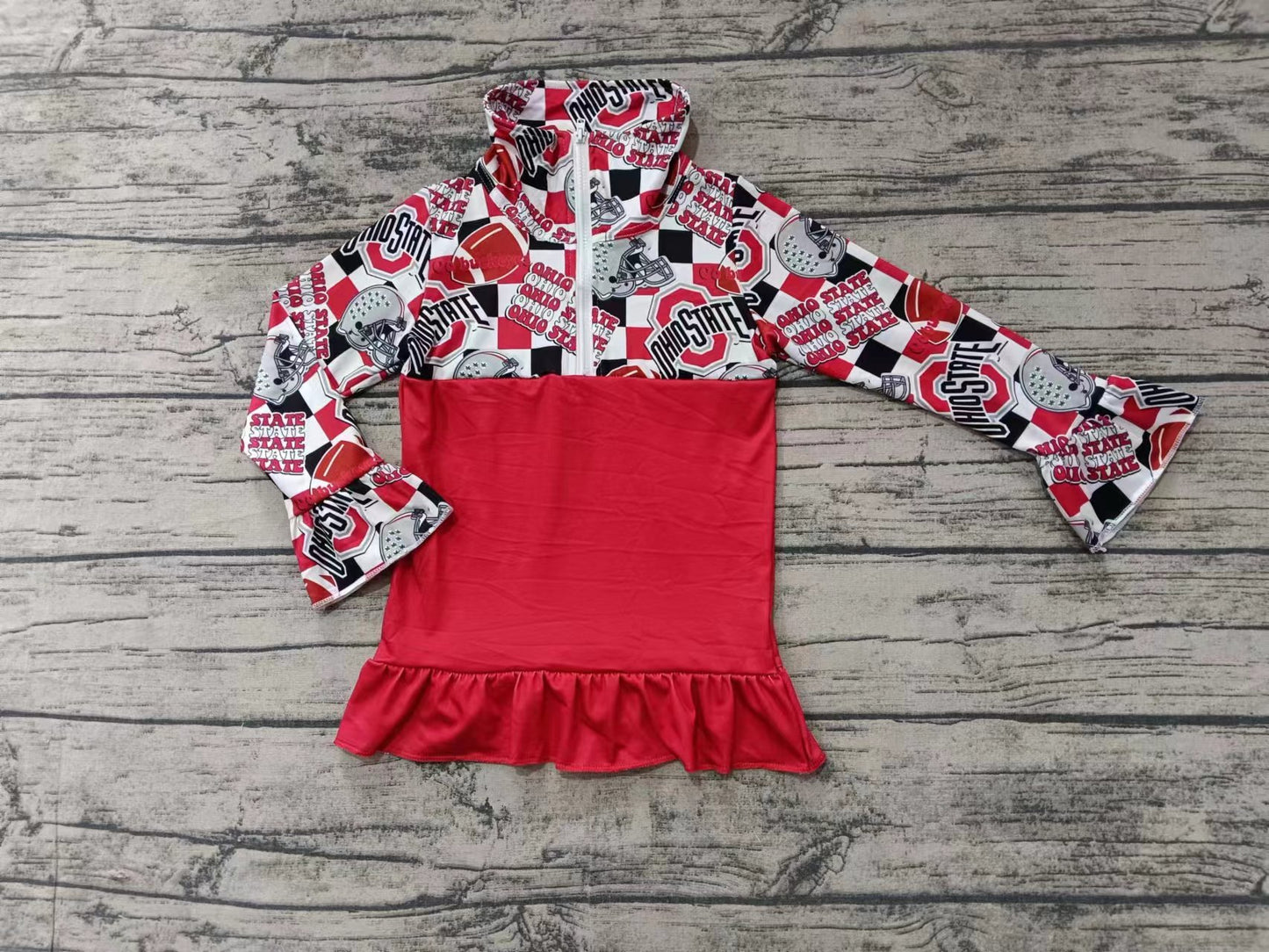Custom moq 3 eta 6-7weeks Red Helmet-Letter Zipper Pullover Trumpet Sleeve Top