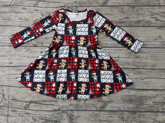 Custom moq 3 eta 6-7weeks Red and Black Plaid Long Sleeve Dress with Puppy Pattern