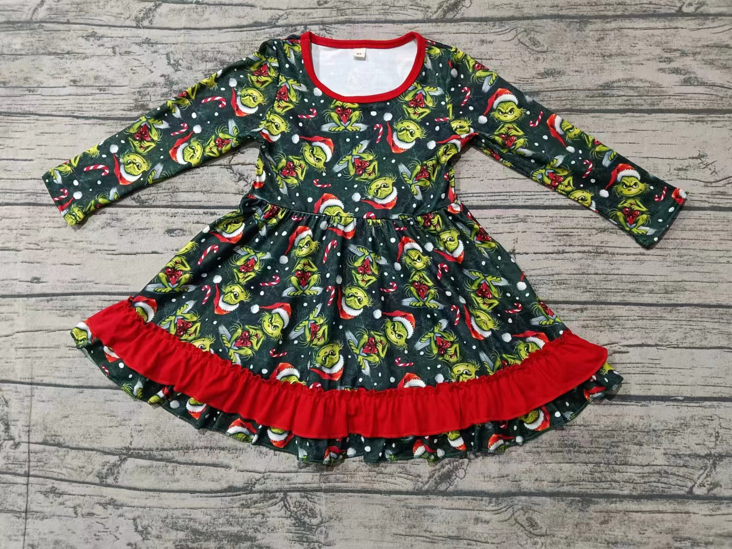 Custom moq 3 eta 6-7weeks Green furry pattern dark green long-sleeved dress