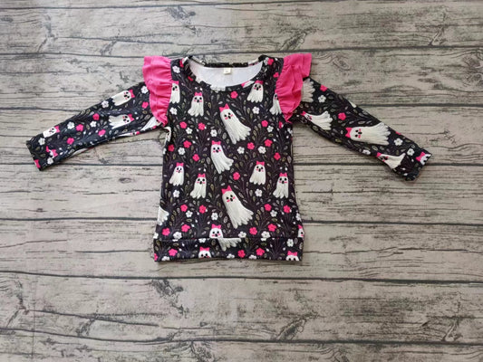 Custom moq 3 eta 6-7weeks Black long-sleeved top with cute ghost pattern and white bow