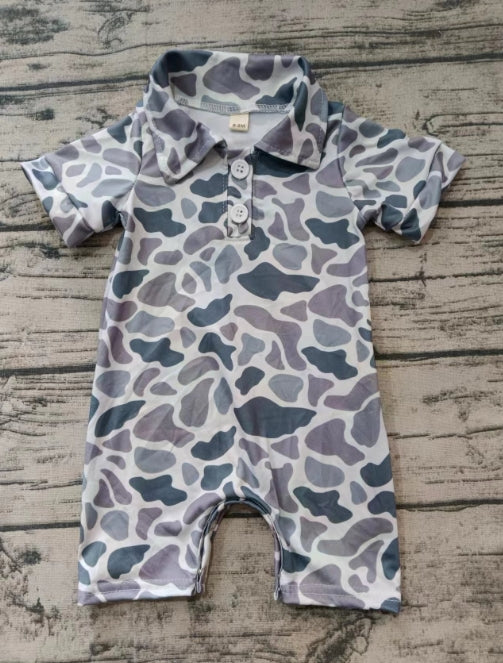 Custom moq 3 eta 6-7weeks Purple and gray camouflage button short-sleeved shorts romper